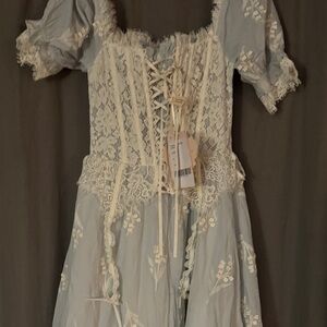 Lace-Up Floral Dress in Blue and Cream